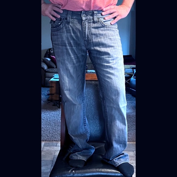 🚫SOLD!👖NWOT |•TRUE RELIGION•| Grey 'Ricky' Straight Leg Flap Pocket Jeans 34 - Picture 9 of 16